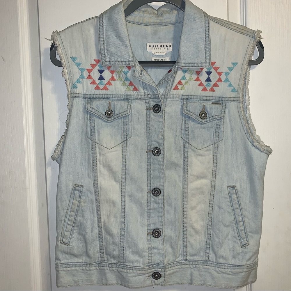 Bullhead Light Blue Denim Vest with Embroidered Accents